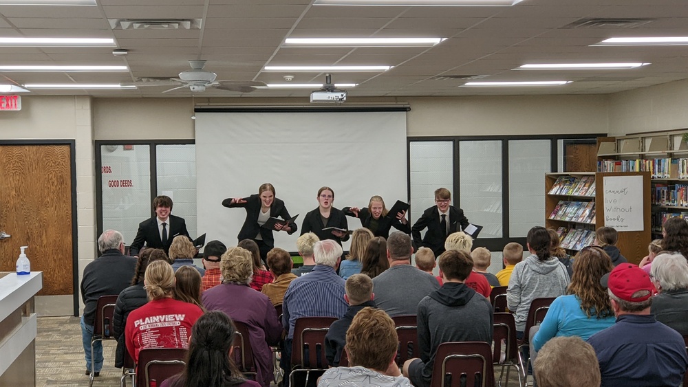 The Pirate OID team of Brendan Weber, Claire Rasmussen, Paige Norris, Lauren Jelinek and JayJay Gaver performed their OID for a large crowd, and more than 100 attended the speech open house Tuesday evening to hear performances from the entire team.