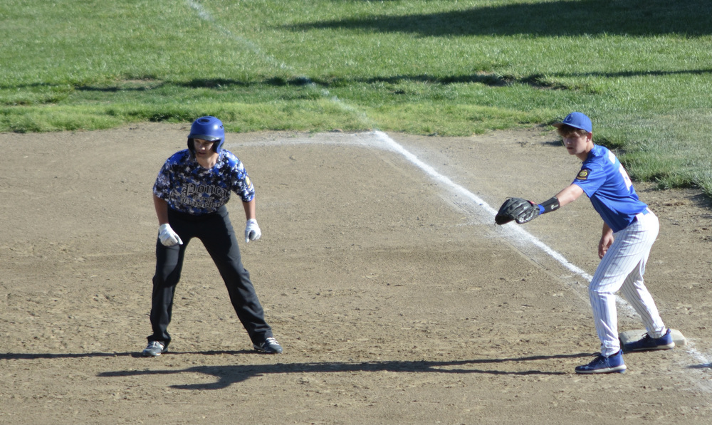 Crofton first baseman, Nolan Babcock, holds a Ponca runner on base during last week’s away Juniors win, 3-1, in Ponca. Babcock also had two hits on the night.