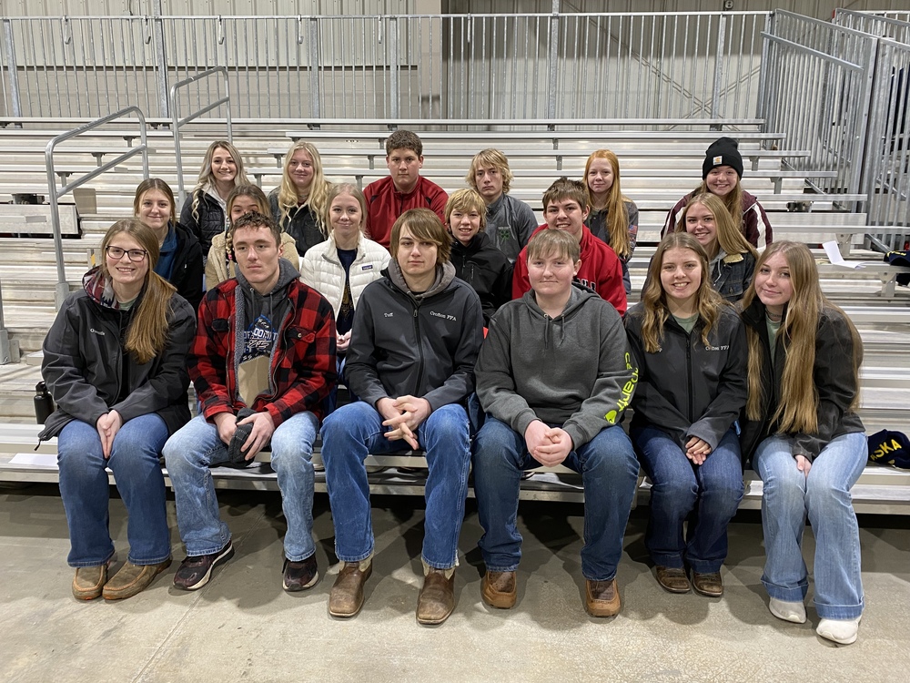 District FFA Livestock Judging team: (Top row:left to right) Blair Jordan, Jacee Anthony, Hunter Guenther, Max Guenther, Ellie Foxhoven, Rylie Arens, (Middle row) Ava Backer, Caroline Schendt, Tylee Cooper, Carter Steffen, Anthony Steffen, Cameryn Fiscus, (Front row) April Guenther, Wyatt Tramp, Tuff Foxhoven, Kyle Maibaum, Megan Tramp, and Josie Anthony.