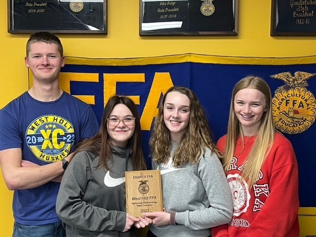 District Ag Biotechnology Champions were West Holt FFA members Carter Gotschall, Sam Coffin, Sidney Burkinshaw, and Abigail Thiele.