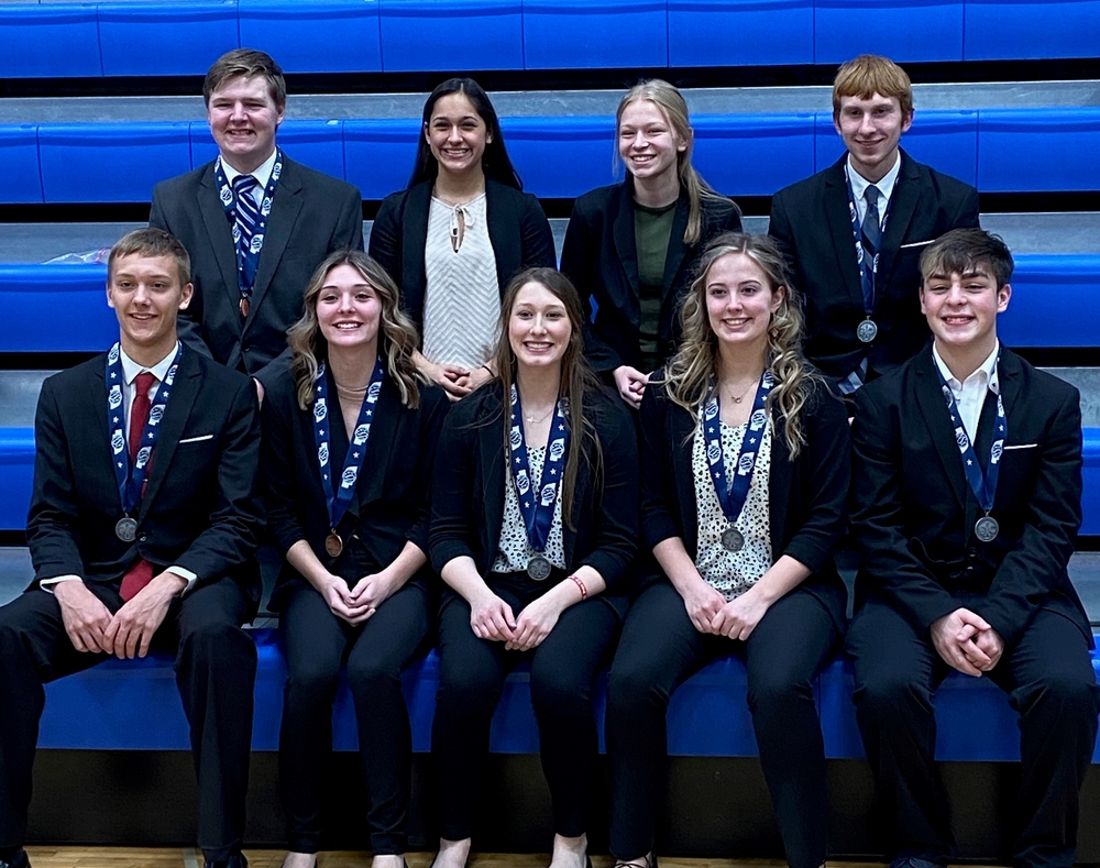 The Plainview Pirate speech team at state included, front row (l to r): Derek Rix, Emma King, Brittani Gutz, Heather Pendergast and Leighton Medina; and back row: Reagan Choat, Marque Albin, Lauren Jelinek and Brett Norris.