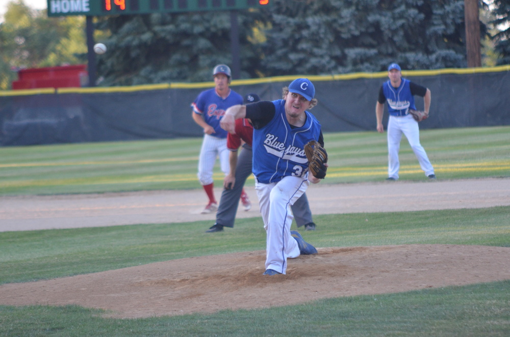 Ben Hegge was on the mound for the Bluejays in the early innings of Sunday night's big Independence weekend game against Wynot.