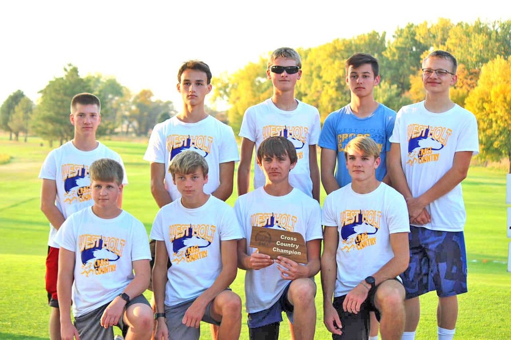 The West Holt boys’ cross country team brought home the Niobrara Valley Conference meet champion plaque when they competed at Neligh last week. Members of the team are front, Colby Deseive, Tyler Jelinek, Joseph Albrecht, and Aaron Kraus; back, Braydon Olson, Jackson Butterfield, Carter Gotschall, Christian Hoffman, and Rylan Olson.	Photo courtesy Miechelle Davis