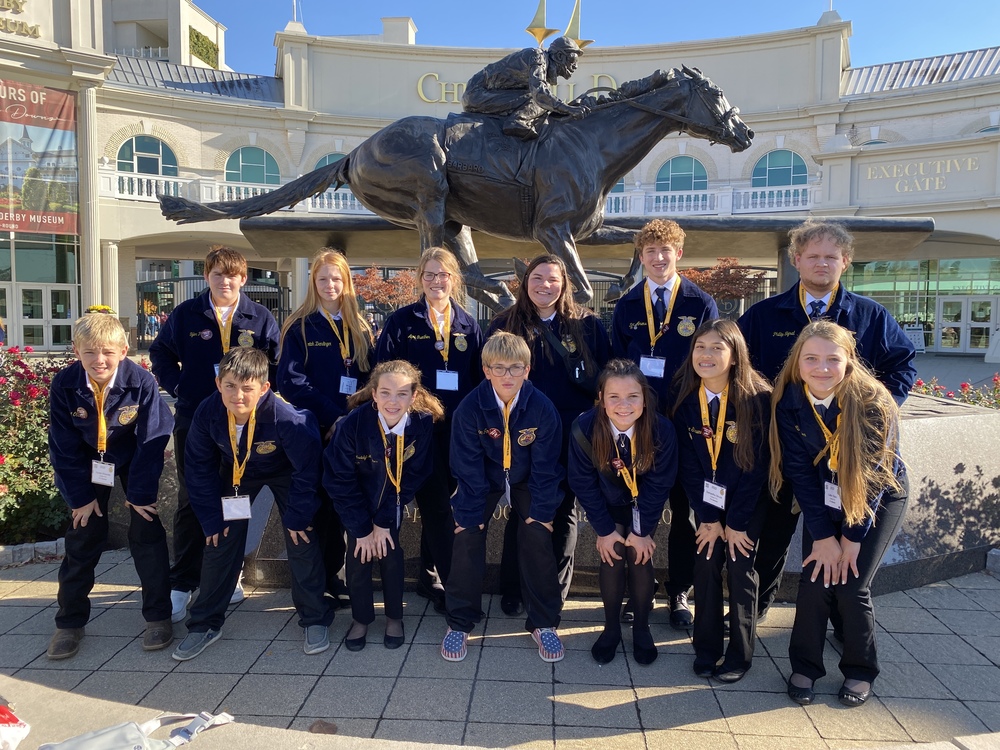 National FFA students at Churchill Down, ront row (l to r): Hunter Wieseler, Arik Lea, Lauren Loecker, Wyatt Guenther, Elly Sprakel, Samantha Strunk, Callie Olson; and back row: Ryker Guenther, Ellie Foxhoven, April Guenther, Vanessa Sprakel, Zac Arens, Phillip Tejral