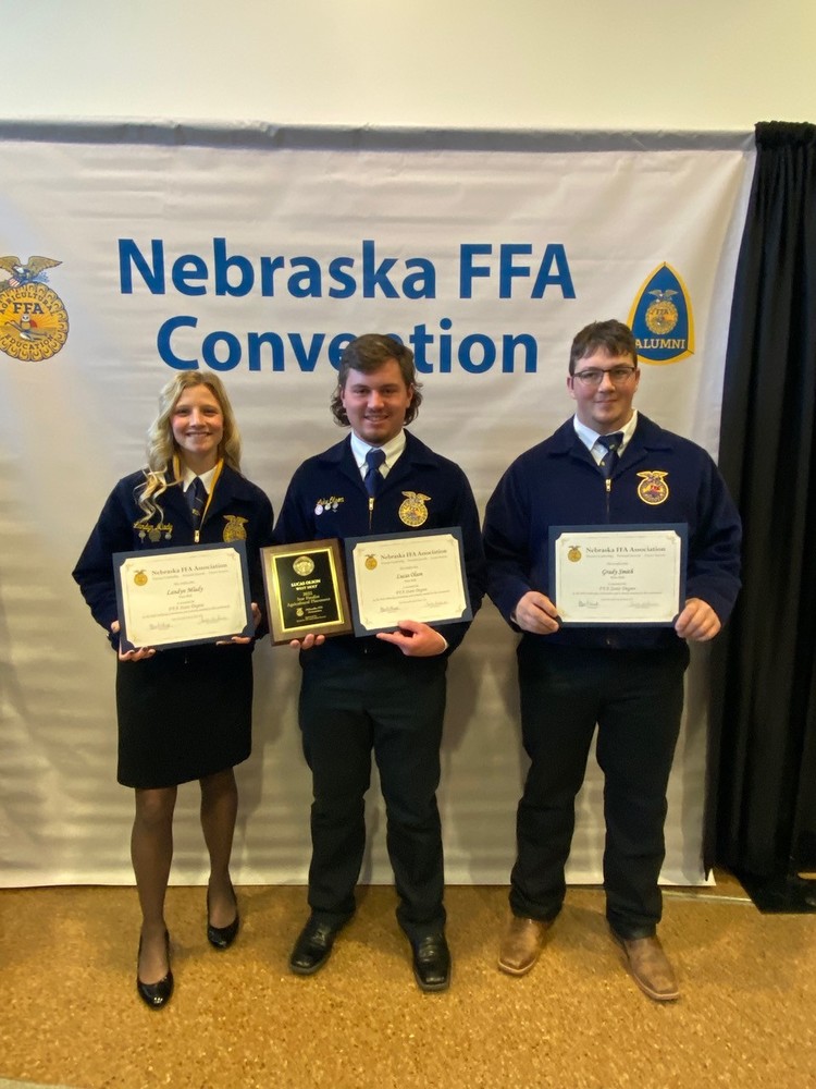 2022 State FFA Degree Winners from the West Holt FFA Chapter were Landyn Mlady, Lucas Olson, and Grady Smith.