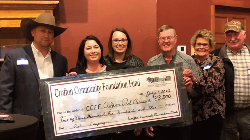 Members of the Crofton Pool Committee accept a check for $23,500 from the Crofton Community Foundation. Pictured are Larry Cooper, Erin Filips, Amy Reifenrath, Don Meink, Irma Arens and Larry Peitz.