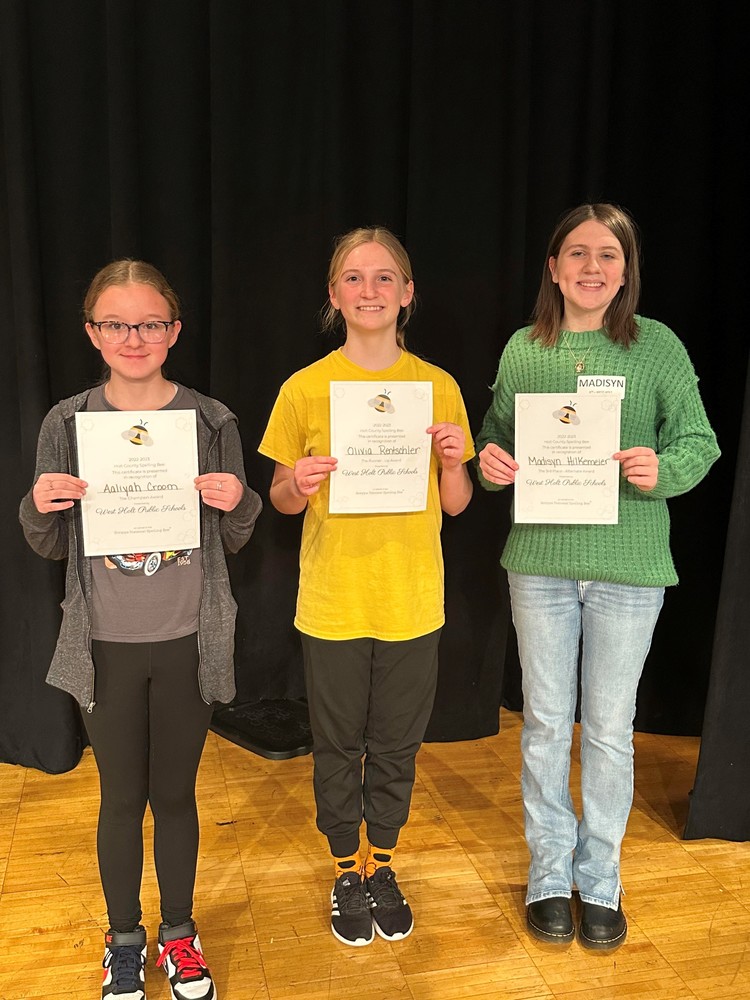 The Holt County Spelling Bee top three spellers were first place - Aaliyah Croom 6th graders at O’Neill Elementary School; runner-up - Olivia Rentschler, 7th grader at West Holt; and third place – Madisyn Hilkemeier, 8th grader at West Holt.	Courtesy Photo