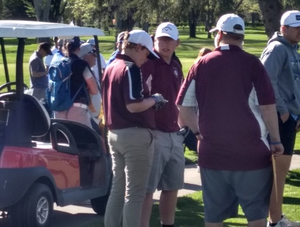 CHS boys golf coach, Luke Deblauw (right), talks strategy with Crofton golfers, Jeffrey Birger and Grant Schieffer before teeoff at the District golf meet at Hartington this past Monday, May 16.