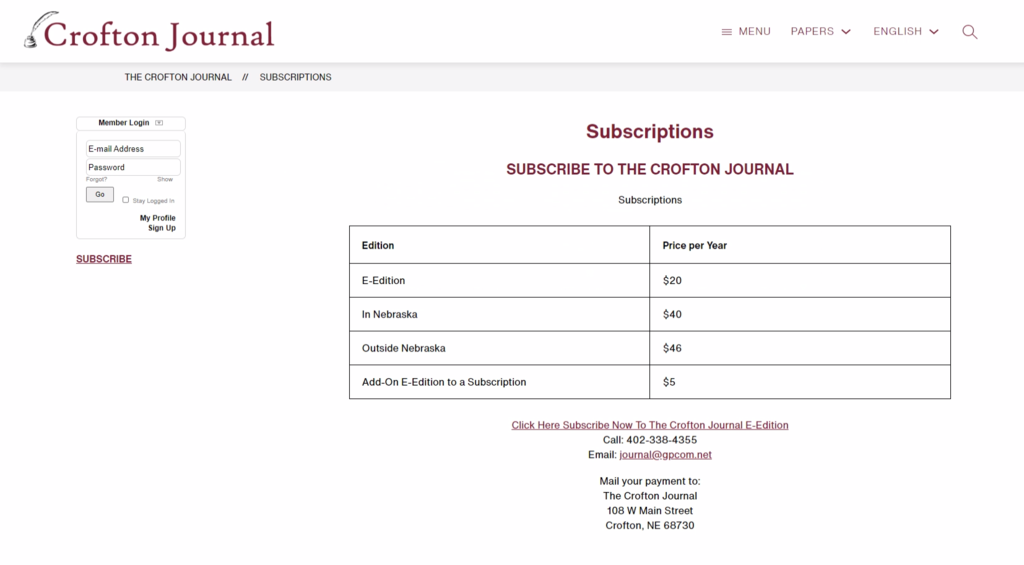 The Crofton Journal Subscription Fees