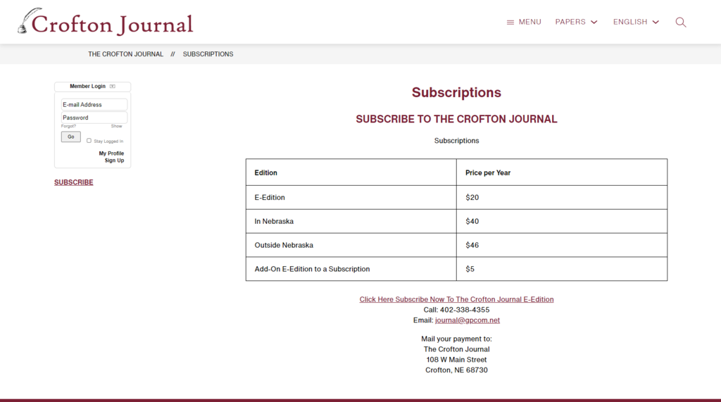 The Crofton Journal Subscription Rates