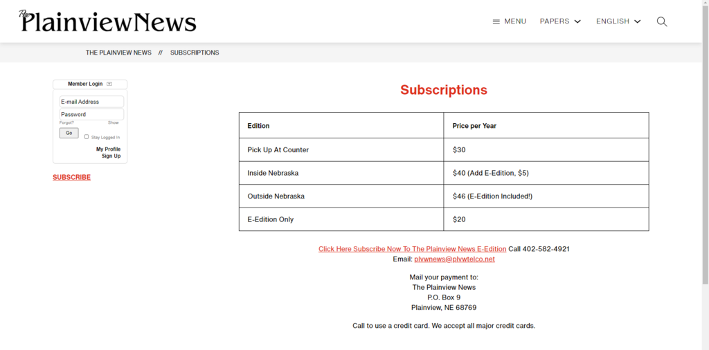 The Plainview News Subscription Fees