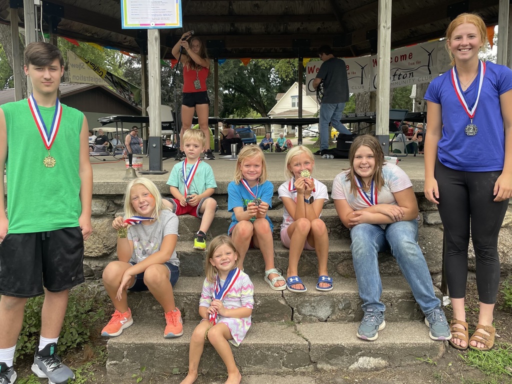 Other game winners in the beanbag competition and chalk art contest (l to r): Beau Hayes, Macy Kolterman, Xander Arens, Gwen Marsh, Myla Arens, Joey Schurman, Alexis DeRoos, and Kaylee Mauch.