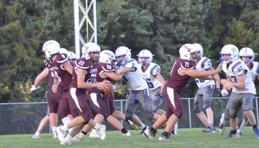Crofton running back, Jack Drotzmann, carries the ball during a reverse play in a recent home JV football game against Wynot. The Warriors lost that matchup, 18-12, but the JV squad will next be taking on Plainview at home on Monday, Oct. 3 at 6 p.m.