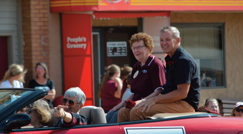 This year’s Crofton Community Club Homecoming Parade Grand Marshal was Laverta Mauch, she is pictured here with her son, Lawrence, riding along with drivers Dale and Karen Riesberg. 