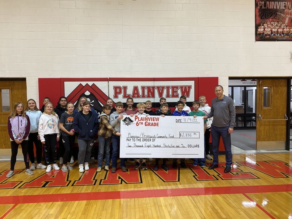 Last year’s sixth‐graders at Plainview Elementary made a donation of their revenue from the class’s annual pie sales to the Plainview Brunswick Community Fund this week – totaling $2,835, half going toward the endowment fund, and half toward the community building project. The donation was accepted by Kevin Lingenfelter, PBCF Treasurer.
