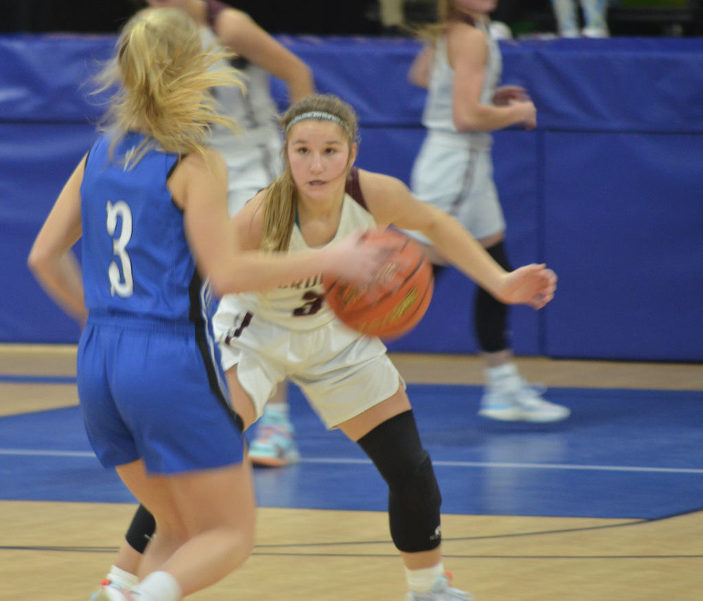 Cassie Allen plays tough defense against Humphrey St. Francis in the championship game of the Wynot Holiday tournament last Friday, Dec. 30. Crofton took the hard fought win and the trophy, 42-32.