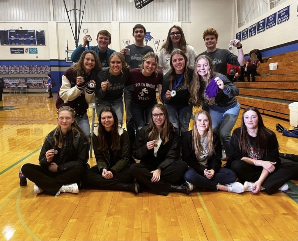 The Crofton Speech team includes: Top row: Jack Shieffer, Carter Guenther, Quinn Mosher, Grant Shieffer; Middle row: Elizabeth Wortmann, Cameryn Fiscus, Rori Schmidt, Megan Tramp, Rylie Arens; Front row: Sophia Wortmann, Ella Reifenrath, Katie Neuharth, Alexa Suing, Leila Barta Speech team