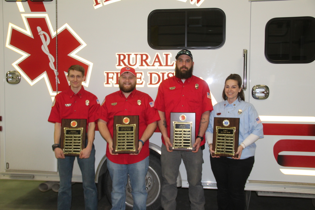 Department awards went to (left): Rookie of the Year, Mathew Hinton; Firefighter of the Year, Ty Hampton; Award of Merit, Cody Peterson; and EMT of the Year, Courtney Retzlaff; and (right), Years of Service awards: Kevin Leiting, 5 years; Brian Bowman, 15 years; Kyle Tarr and Gale Retzlaff, 35 years; Tim Kudera, 20 years and Courtney Retzlaff, 5 years; not pictured: Seth Williams and Chris Burger, 5 years and Lois Patras, 35 years.